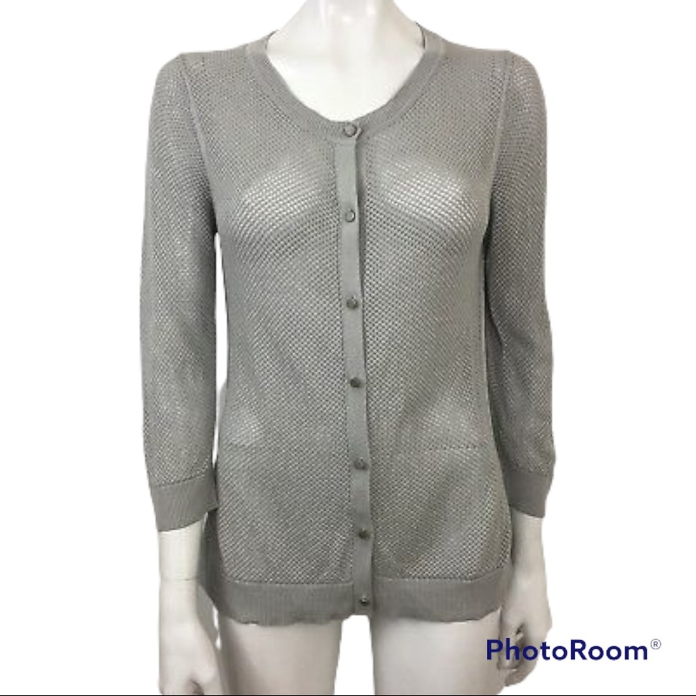 Coldwater Creek Silk Blend(70%) Gray Open Knit Cardigan Sweater Size 10-12
